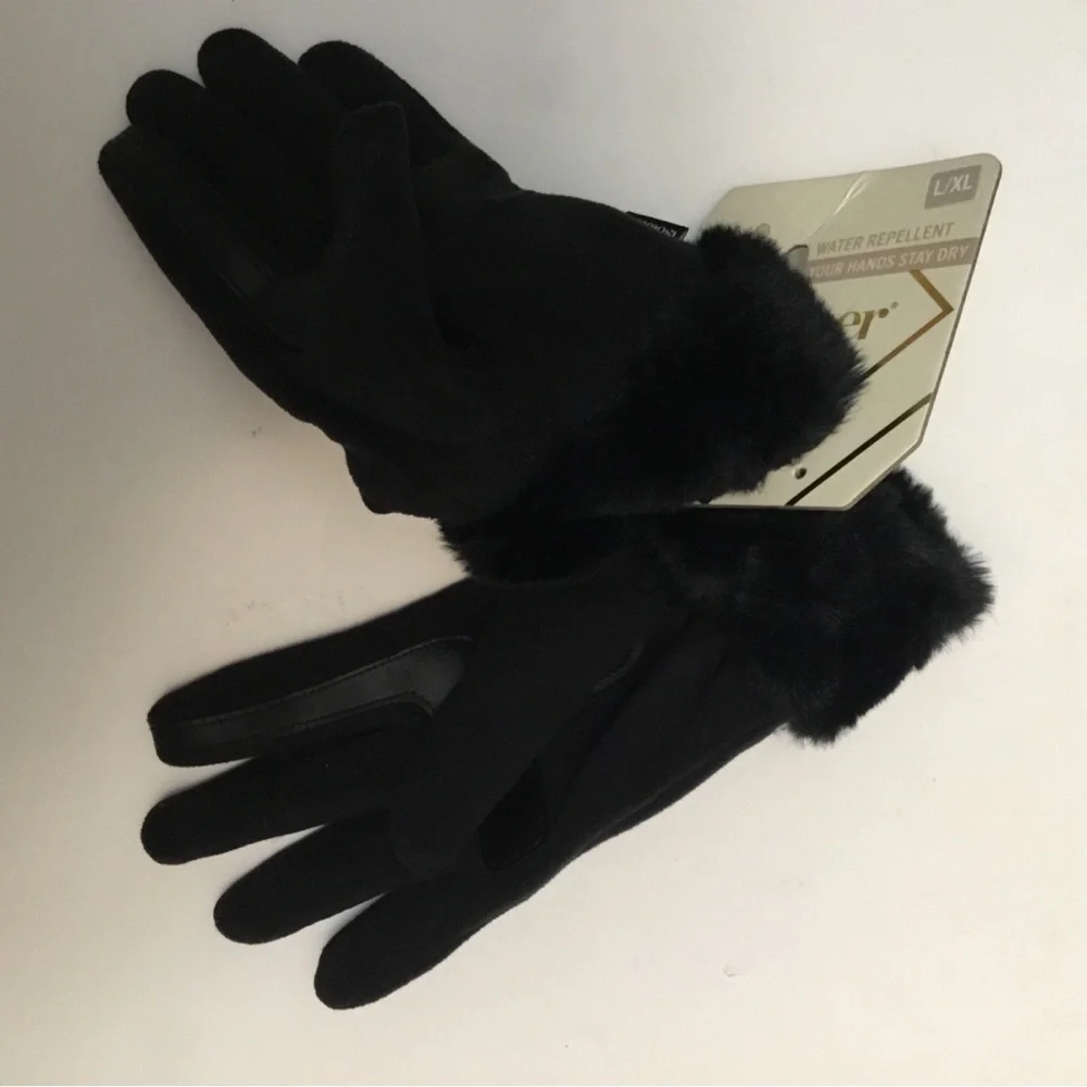 Isotoner Women's Luxurious Black Fur-Trimmed Gloves